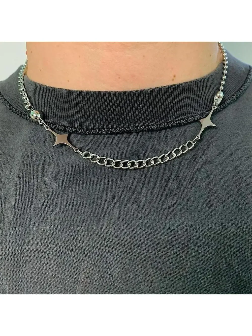 Cyber silver double start opium punk y2k style necklace. Cool design. Nice quali